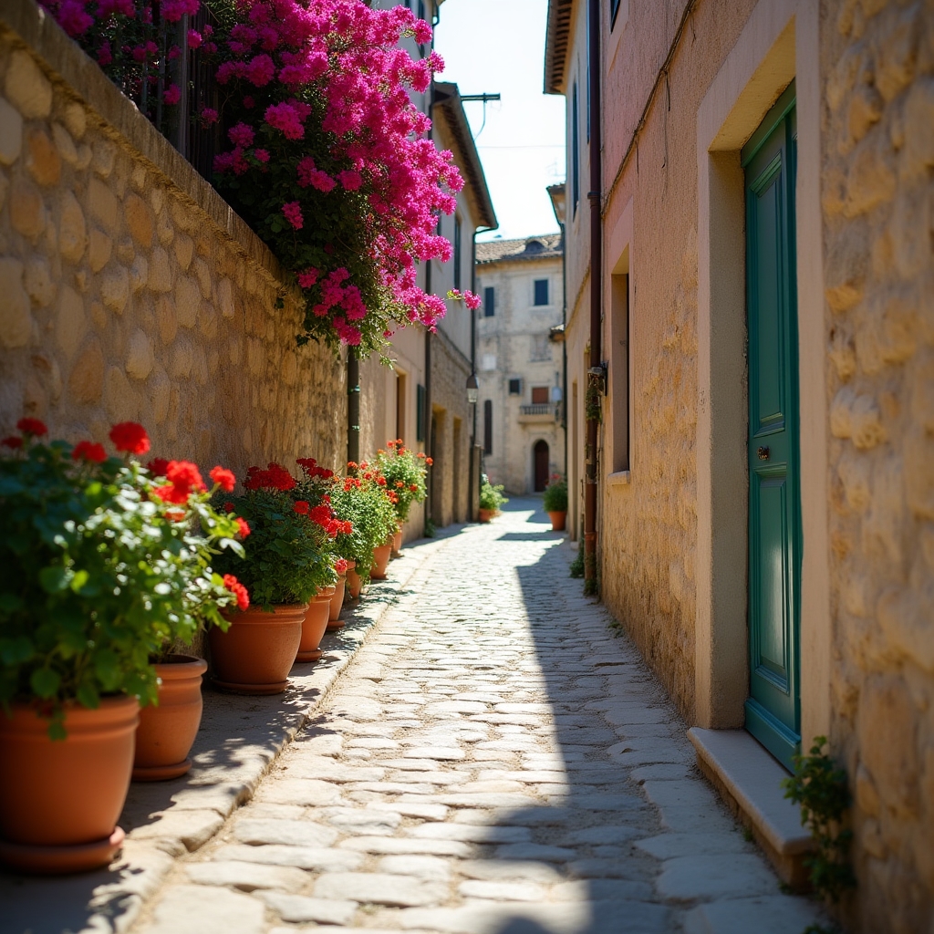 Vicolo stretto in un borgo medievale italiano con muri in pietra e fiori