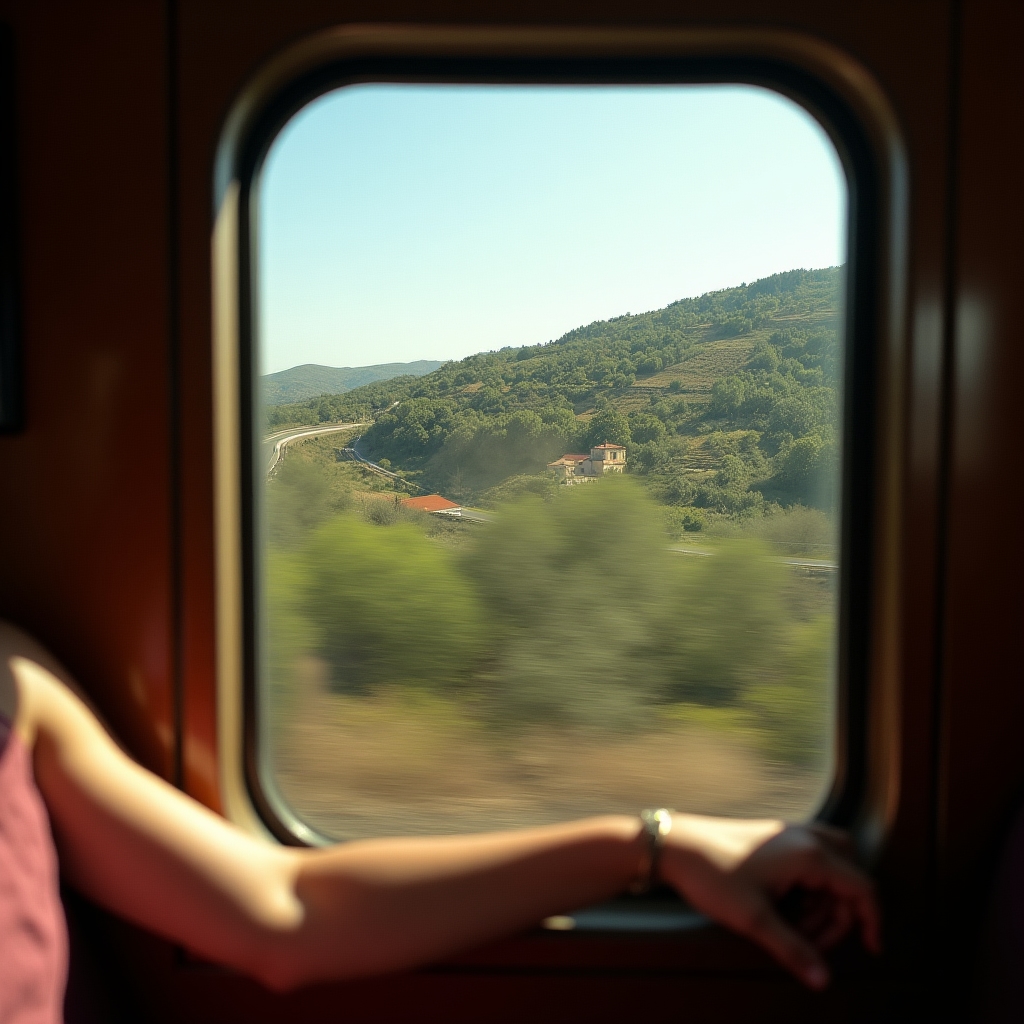 Vista dal finestrino di un treno su un paesaggio collinare italiano