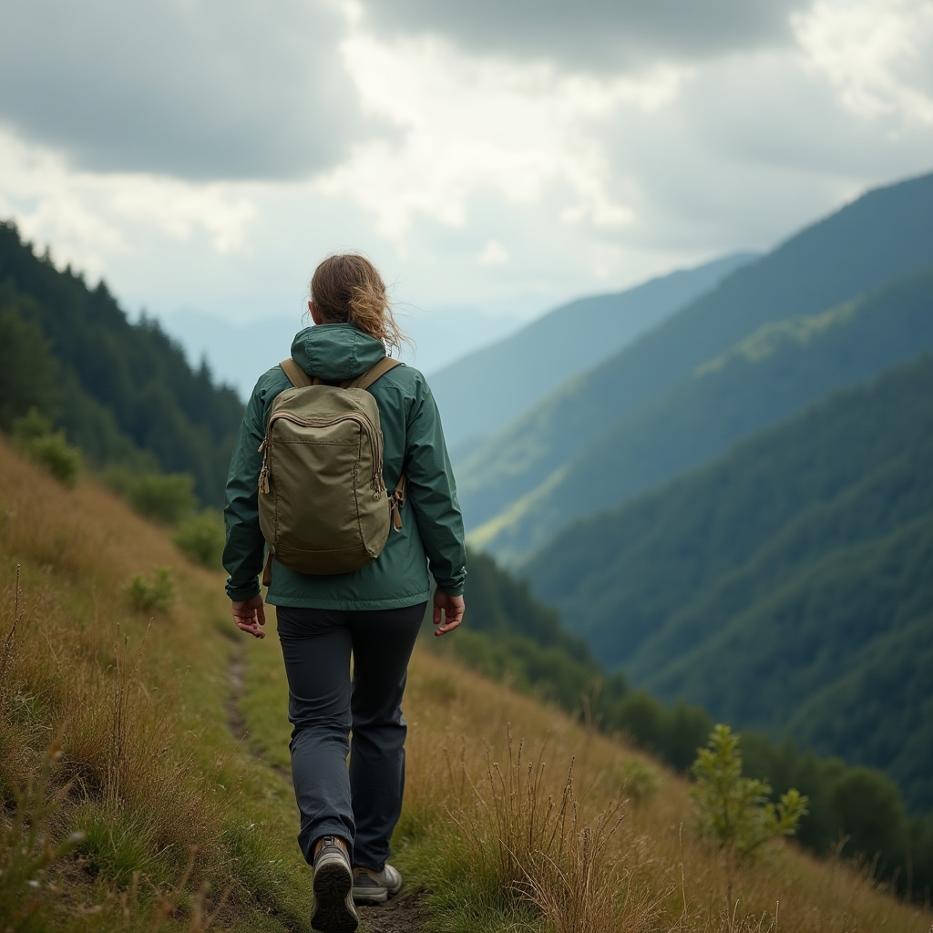 Persona che cammina su un sentiero dell'Appennino con zaino in spalla e panorama verde